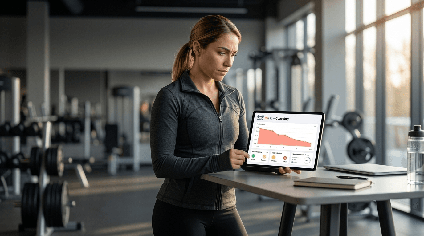 Personal trainer reviewing client nutrition adherence data on a tablet in a modern gym setting