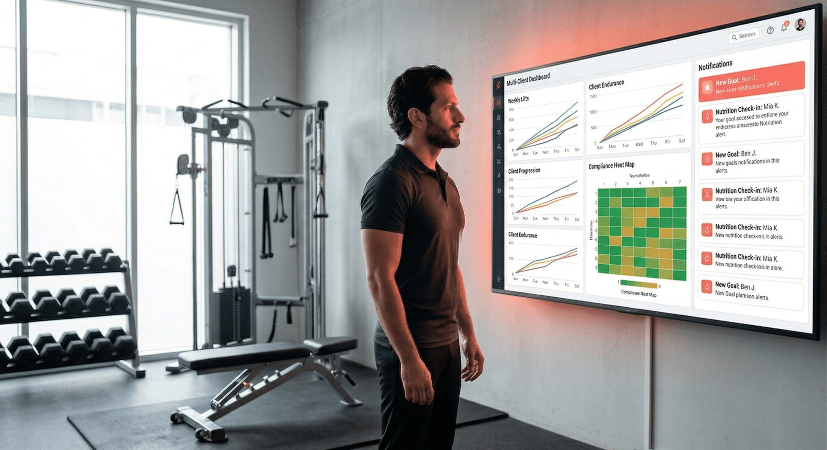 Athletic male personal trainer in a modern gym reviewing a large wall-mounted digital dashboard displaying client progression data, with coral-tinted ambient lighting from the screen.